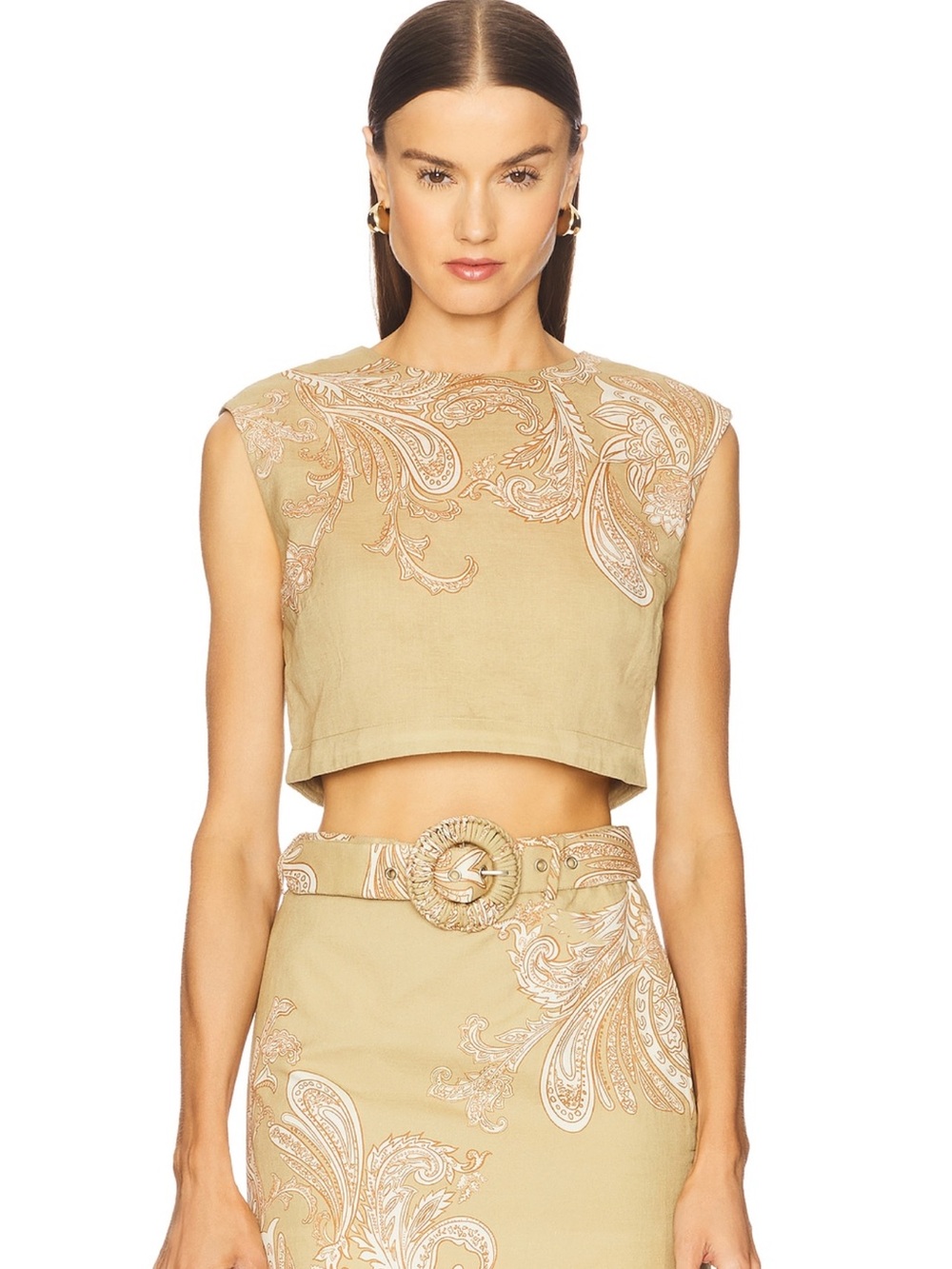 HEMANT & NANDITA Beige Embroidered Paisley Crop Top & High Waisted Skirt